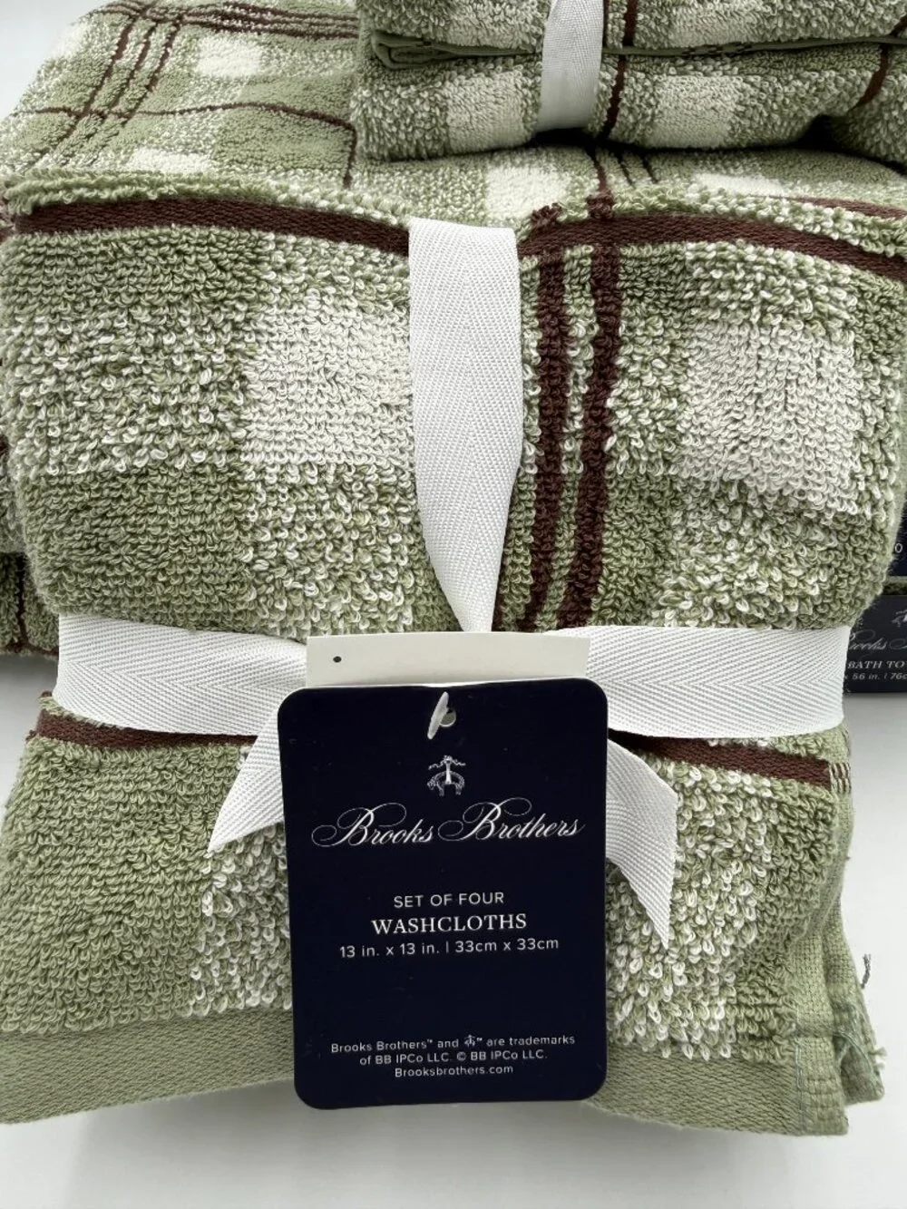 Brooks Brothers 8 Pc Bath Towel Set Sage Green Plaid 100% Cotton NWT